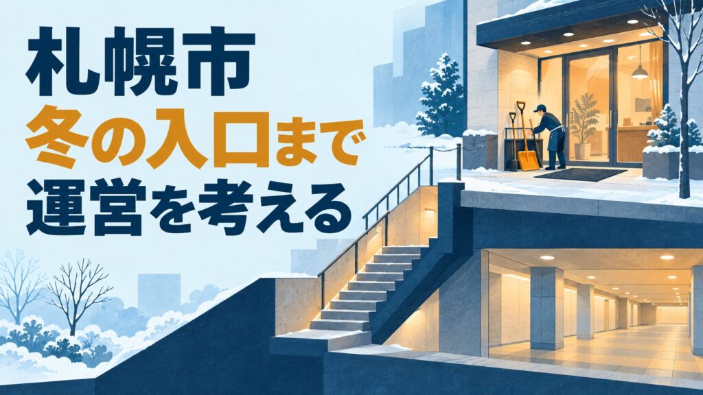 札幌の冬の店舗運営を考えるイメージイラスト。雪のある地上と地下通路、店の入口の準備を断面風に表しています。