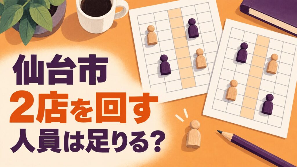仙台市での増店を考えるイメージイラスト。二つの勤務表と限られたスタッフの駒を使い、同じ時間の人員配置を表しています。
