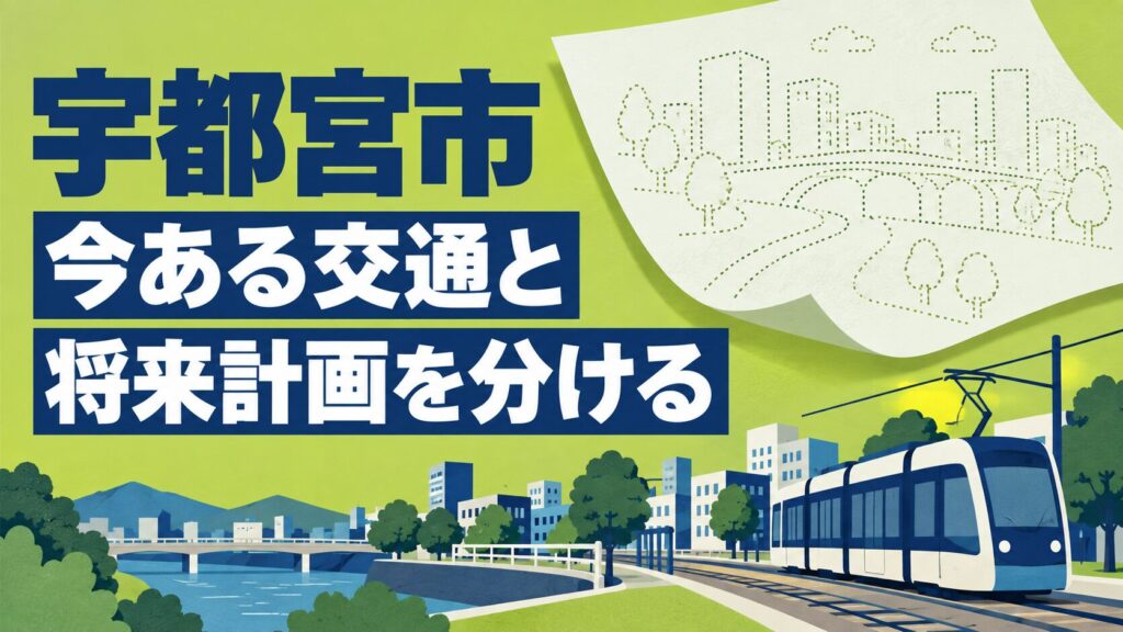 宇都宮市での増店を考えるイメージイラスト。現在の交通を示す一般的な路面電車と、別紙の淡い構想スケッチを分けて表しています。