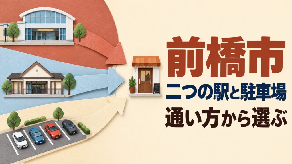 前橋市の移転候補を考えるイメージイラスト。二つの駅と駐車の起点を、店へ向けて並べた紙の部品で表しています。