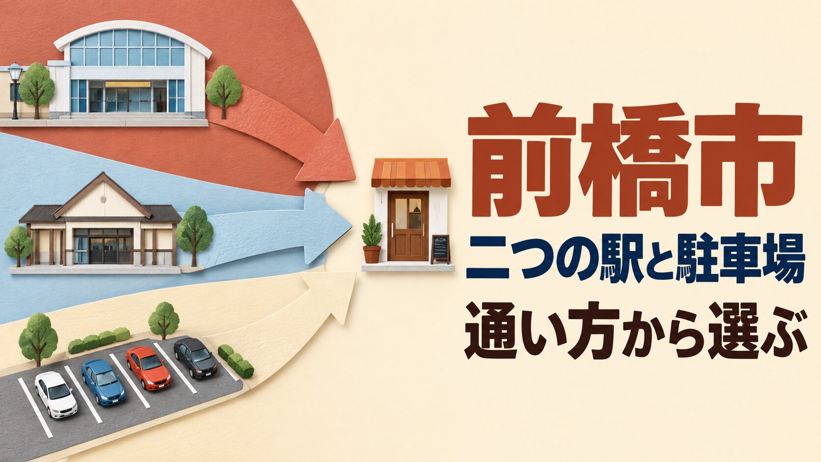 前橋市の移転候補を考えるイメージイラスト。二つの駅と駐車の起点を、店へ向けて並べた紙の部品で表しています。