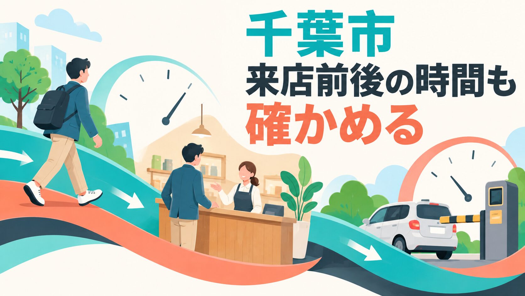千葉市での予約と来店経路を考えるイメージイラスト。移動、店内の利用、駐車精算を一本の時間の帯で表しています。