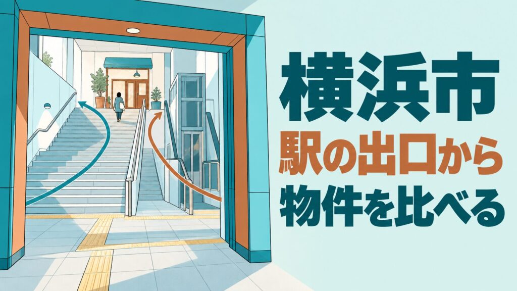 横浜市の店舗移転を考えるイメージイラスト。駅の出口を大きな額縁のように配置し、階段と昇降設備から店までの違いを表しています。