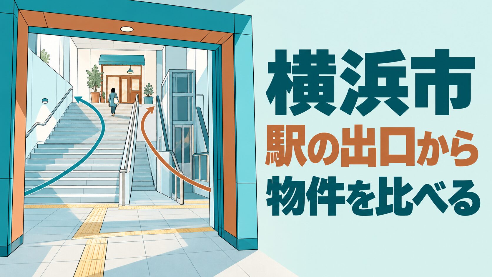 横浜市の店舗移転を考えるイメージイラスト。駅の出口を大きな額縁のように配置し、階段と昇降設備から店までの違いを表しています。