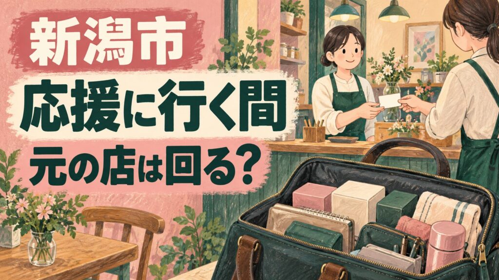 新潟市の二店舗運営を考えるイメージイラスト。応援用のかばんと引継ぎの場面で、出発後に元の店を支える役割を表しています。