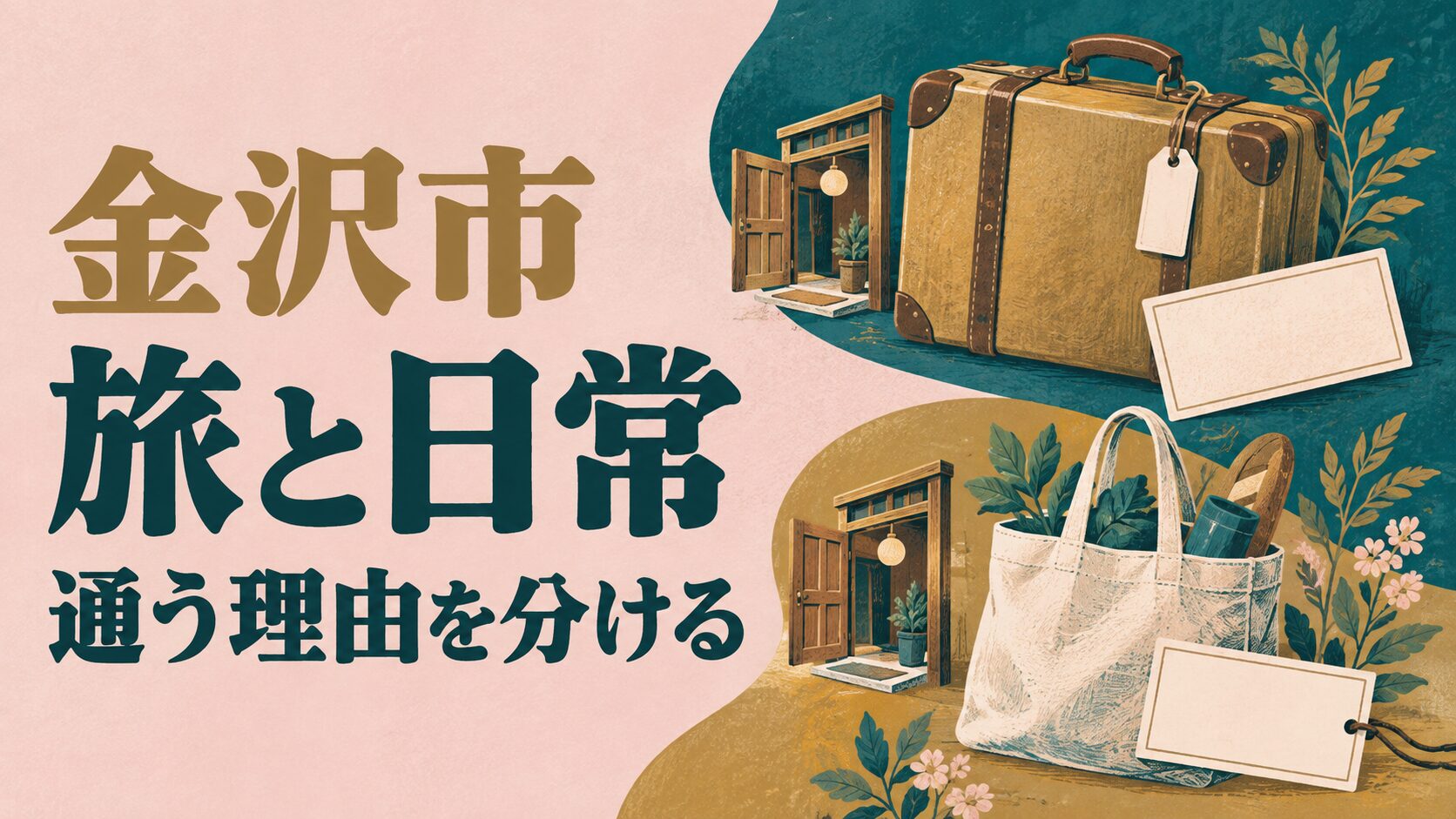 金沢市の来店目的を考えるイメージイラスト。旅のかばんと普段使いの袋を、それぞれ異なる利用場面の小物として表しています。