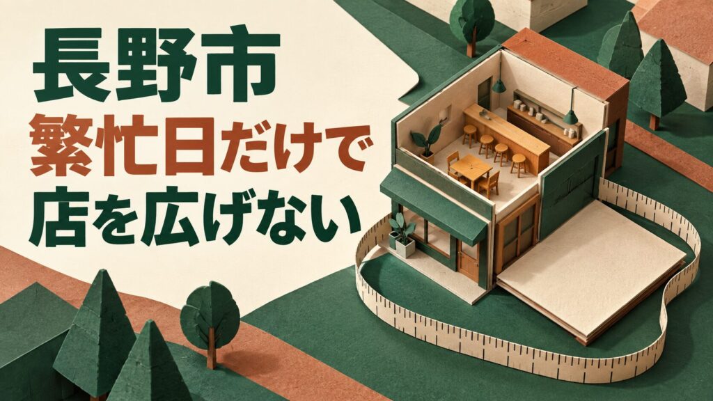 長野市の店舗面積を考えるイメージイラスト。広げかけた店の模型と巻尺で、普段も必要な広さを検討する様子を表しています。