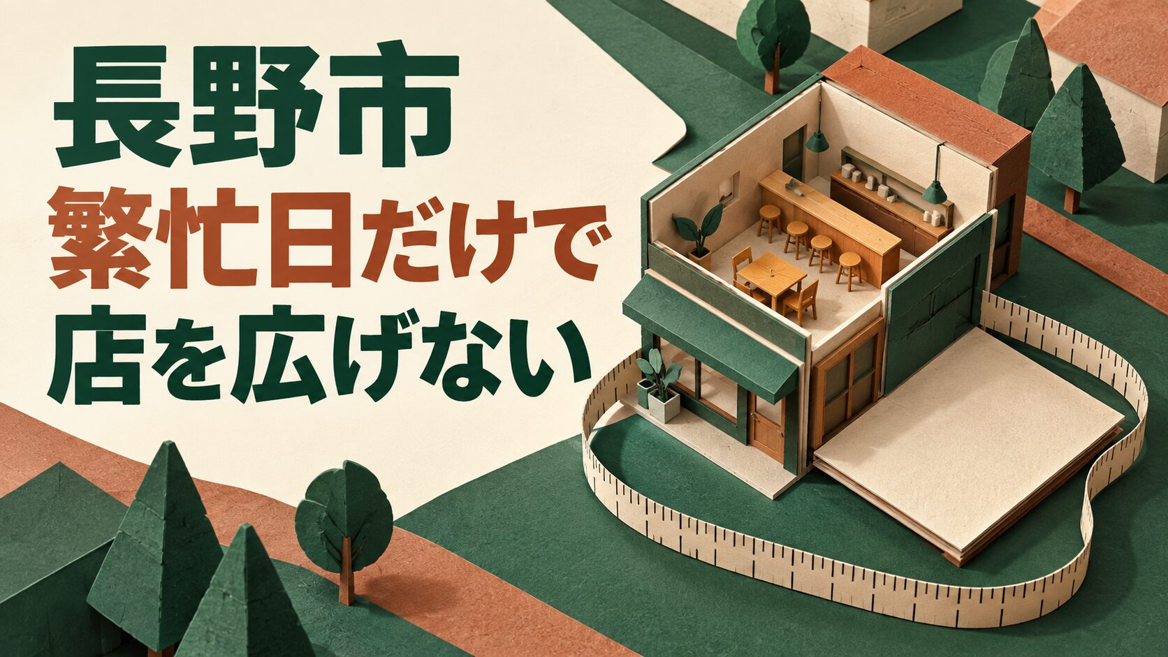 長野市の店舗面積を考えるイメージイラスト。広げかけた店の模型と巻尺で、普段も必要な広さを検討する様子を表しています。