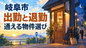 岐阜市の店舗移転を考えるイメージイラスト。朝から夜へ色が移る背景と、仕事道具・通勤するスタッフを表しています。