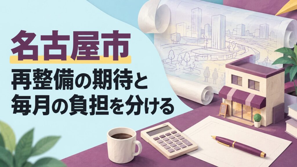 名古屋市での増店計画を考えるイメージイラスト。未来の構想を描く半透明の紙と、現在の費用を確認する机上の道具を重ねずに表しています。