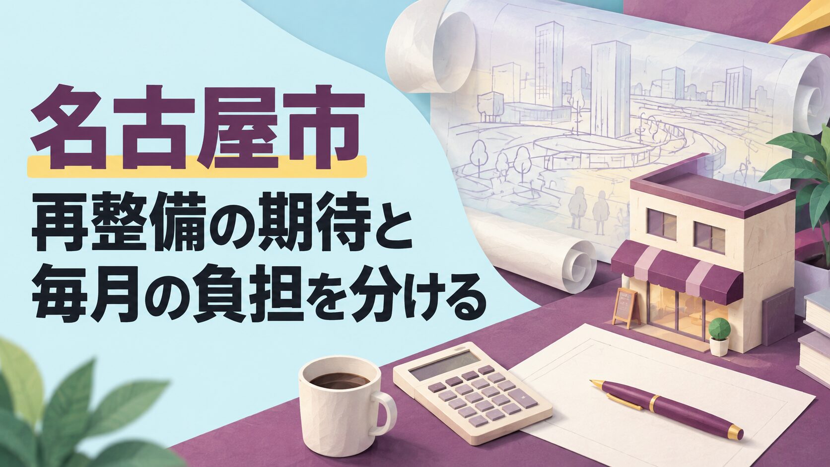 名古屋市での増店計画を考えるイメージイラスト。未来の構想を描く半透明の紙と、現在の費用を確認する机上の道具を重ねずに表しています。