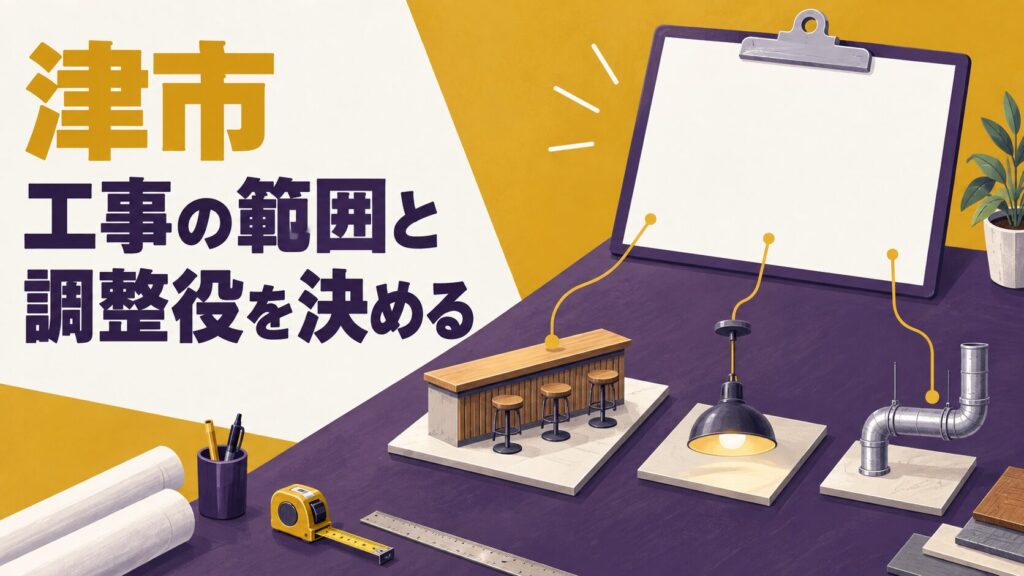 津市での物件と工事を考えるイメージイラスト。店の設備の部品、工事範囲の紙、全体をまとめるクリップボードを表しています。