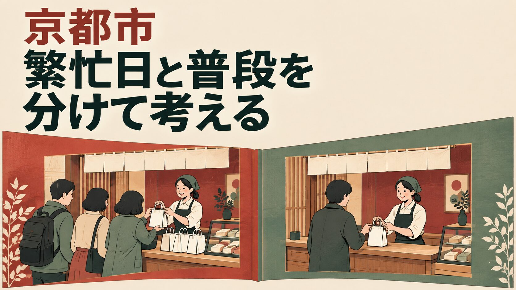京都市の店舗運営を考えるイメージイラスト。折りたたんだ紙の二つの場面で、来店が集中する日と普段の受渡しを表しています。