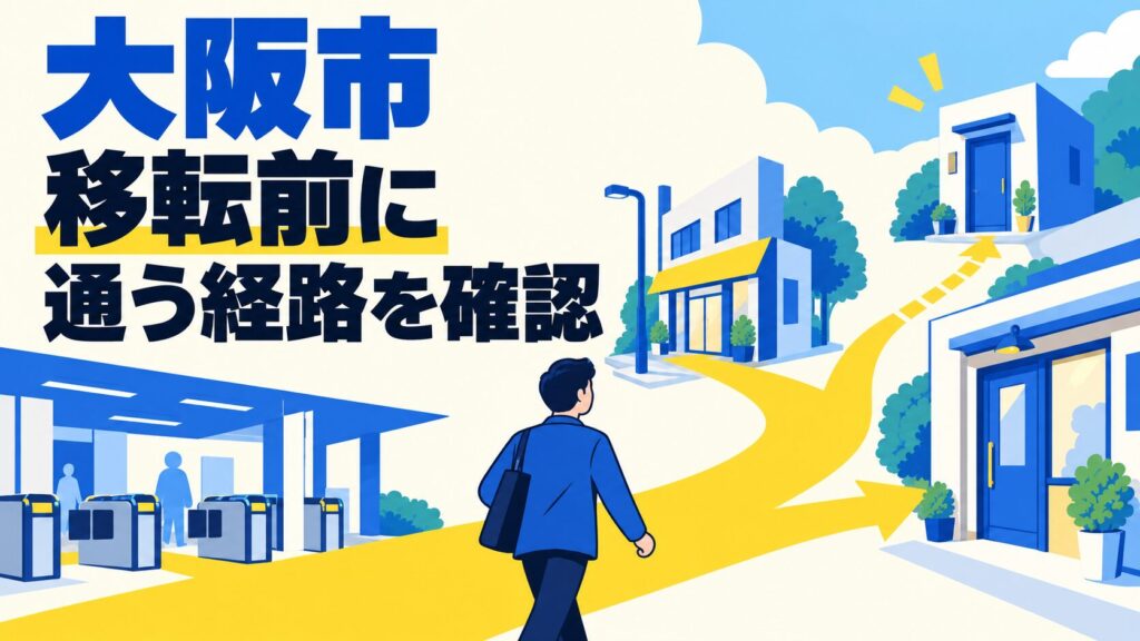 大阪市での店舗移転を考えるイメージイラスト。日常の徒歩経路を一本のリボンと抽象的な街区で表しています。