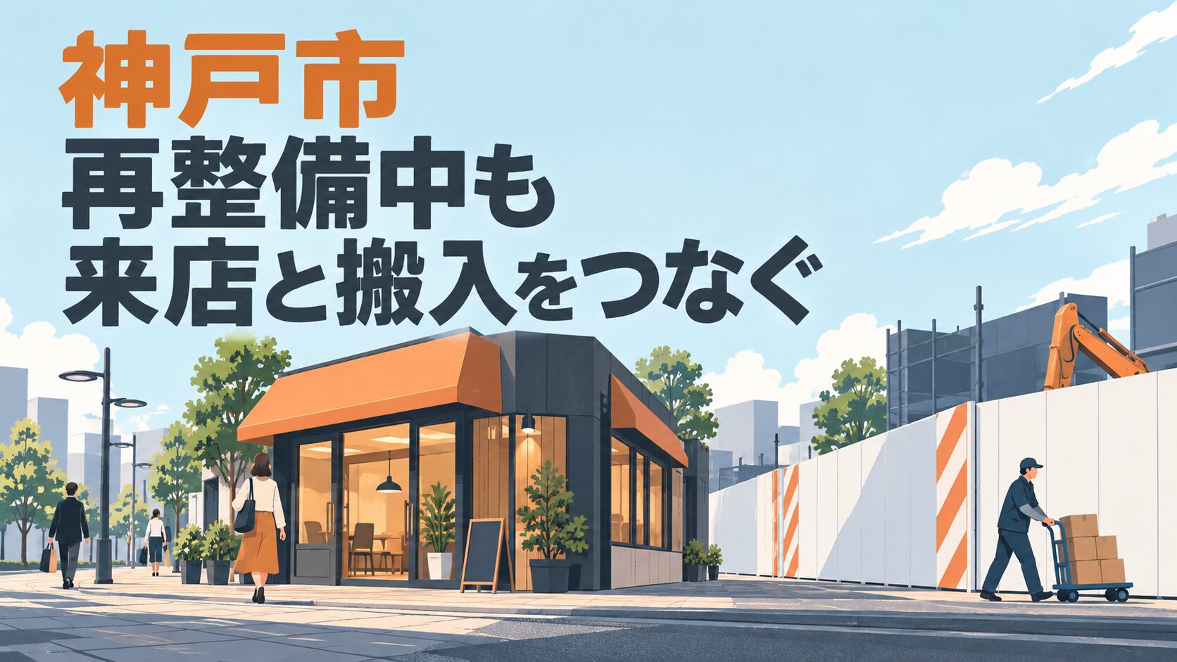 神戸市の再整備中の店舗運営を考えるイメージイラスト。一般的な工事区画の横で、来店者と台車の動きを分けて表しています。