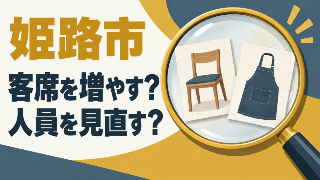 姫路市の店舗の受入能力を考えるイメージイラスト。拡大鏡の中の椅子とエプロンで、設備と人員の違いを表しています。