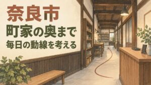 奈良市の町家物件を考えるイメージイラスト。奥行きのある一般的な木造店舗に、受付・収納・作業の場所を表しています。