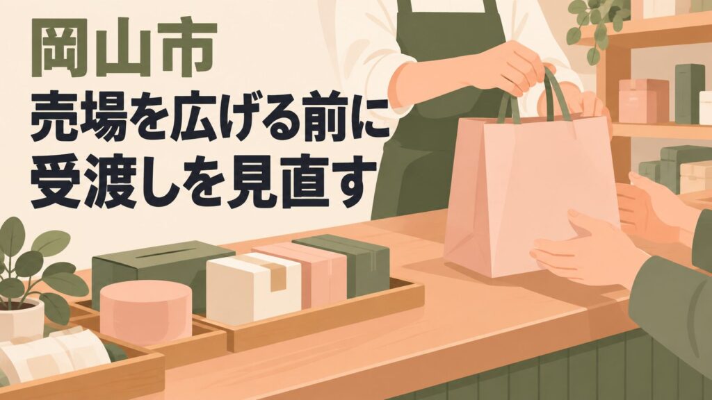 岡山市の店内改善を考えるイメージイラスト。商品を置く場所と渡す場所を分けたカウンターを大きく表しています。