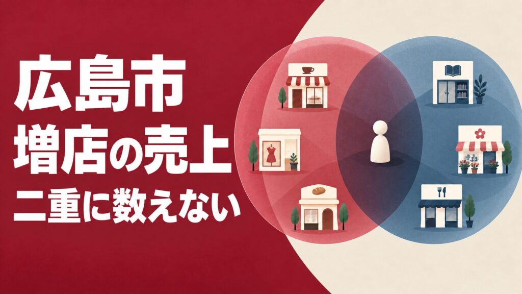 広島市での増店を考えるイメージイラスト。重なる二つの円と一度だけ描いたお客さんの駒で、既存客の二重計上を避ける視点を表しています。