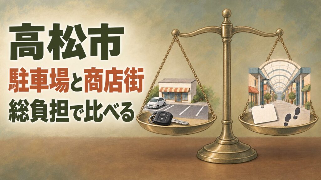 高松市の物件比較を考えるイメージイラスト。駐車場付きの店と商店街の店を、車の鍵や駐車券とともに天秤のモチーフで表しています。