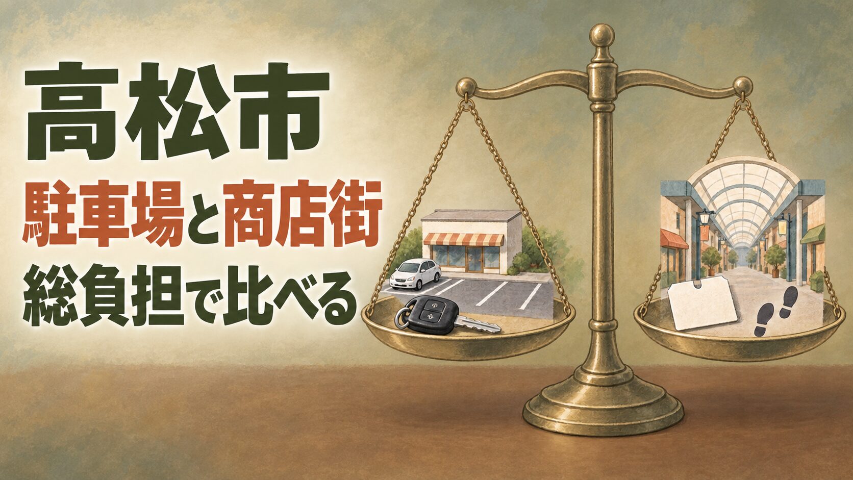 高松市の物件比較を考えるイメージイラスト。駐車場付きの店と商店街の店を、車の鍵や駐車券とともに天秤のモチーフで表しています。