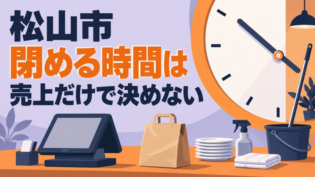 松山市の営業時間を考えるイメージイラスト。時計の弧と、会計・受渡し・片付けの道具を並べて表しています。