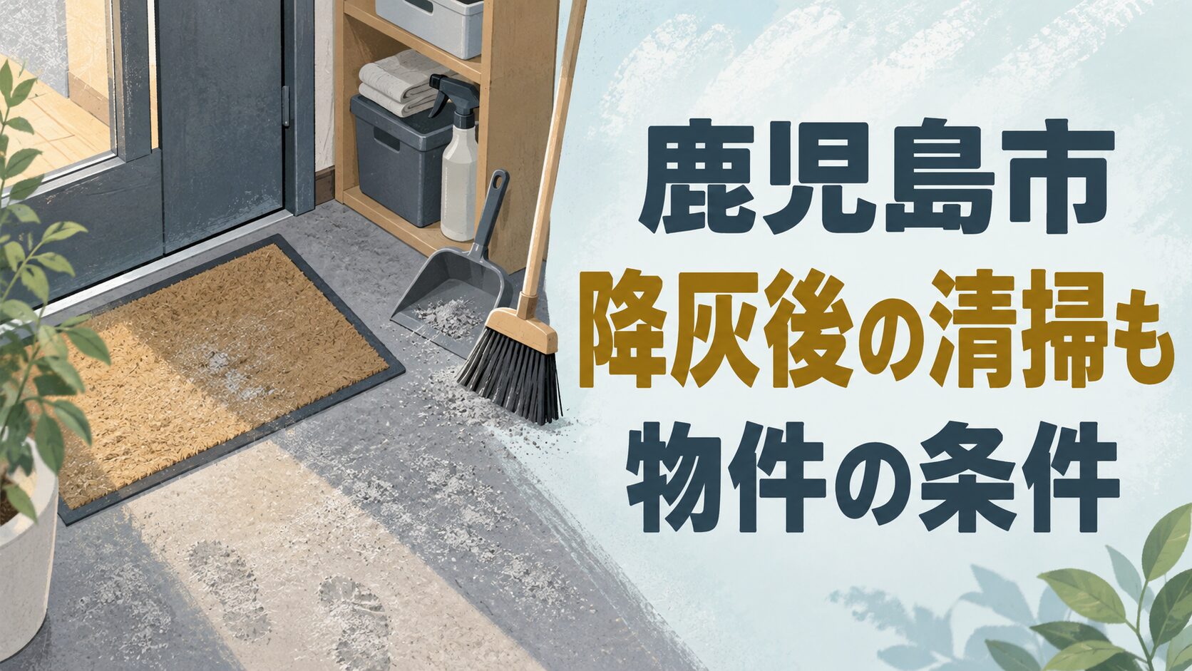 鹿児島市の物件選びを考えるイメージイラスト。店の入口、薄く積もった灰、清掃道具と収納を表しています。