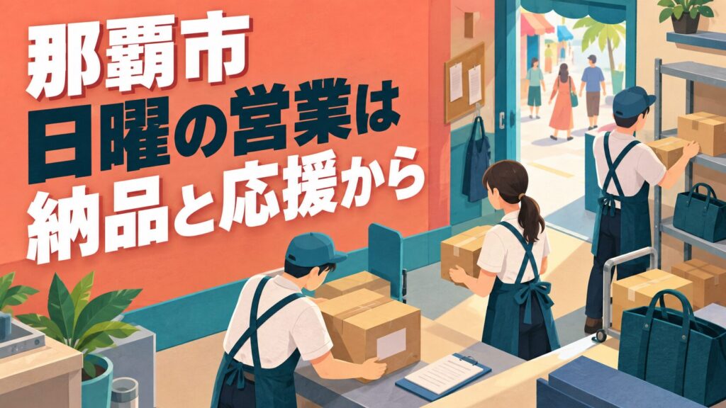 那覇市の日曜営業を考えるイメージイラスト。店の裏側の在庫棚と納品用の箱、応援用かばんを組み合わせています。