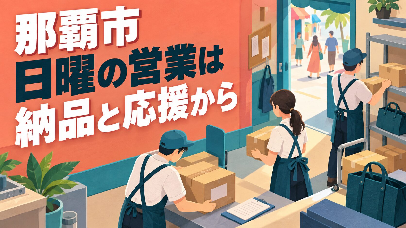 那覇市の日曜営業を考えるイメージイラスト。店の裏側の在庫棚と納品用の箱、応援用かばんを組み合わせています。